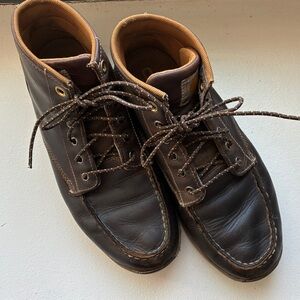 Carhartt Brown Leather Work Boots with Tan Collar.